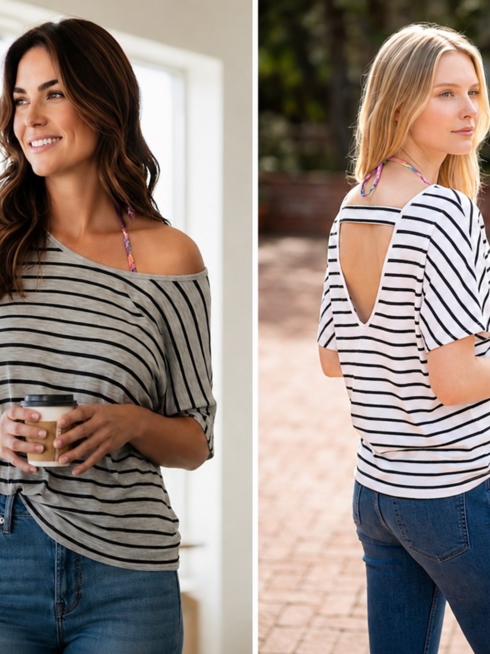 TWO Rebellious One  Open Back white/black, gray/ blackStriped Tops Bundle Size L